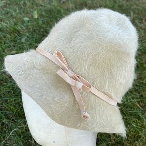 Vintage Merri Soie Daytons Cloche Hat Felt Tufted grey blush pink bow